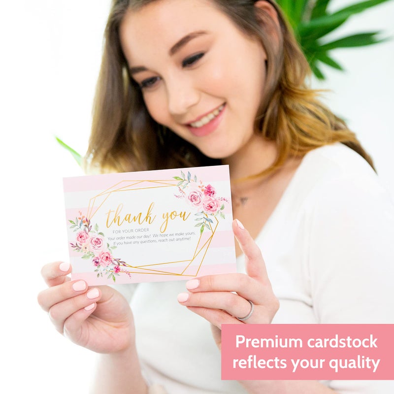 T MARIE 50 Large 4x6 Pink Thank You Postcards Small Business Supplies for Boutique Shops - Faux Gold and Pink Floral Thank You For Your Order and Thanks For Supporting My Small Business Cards - Image 3